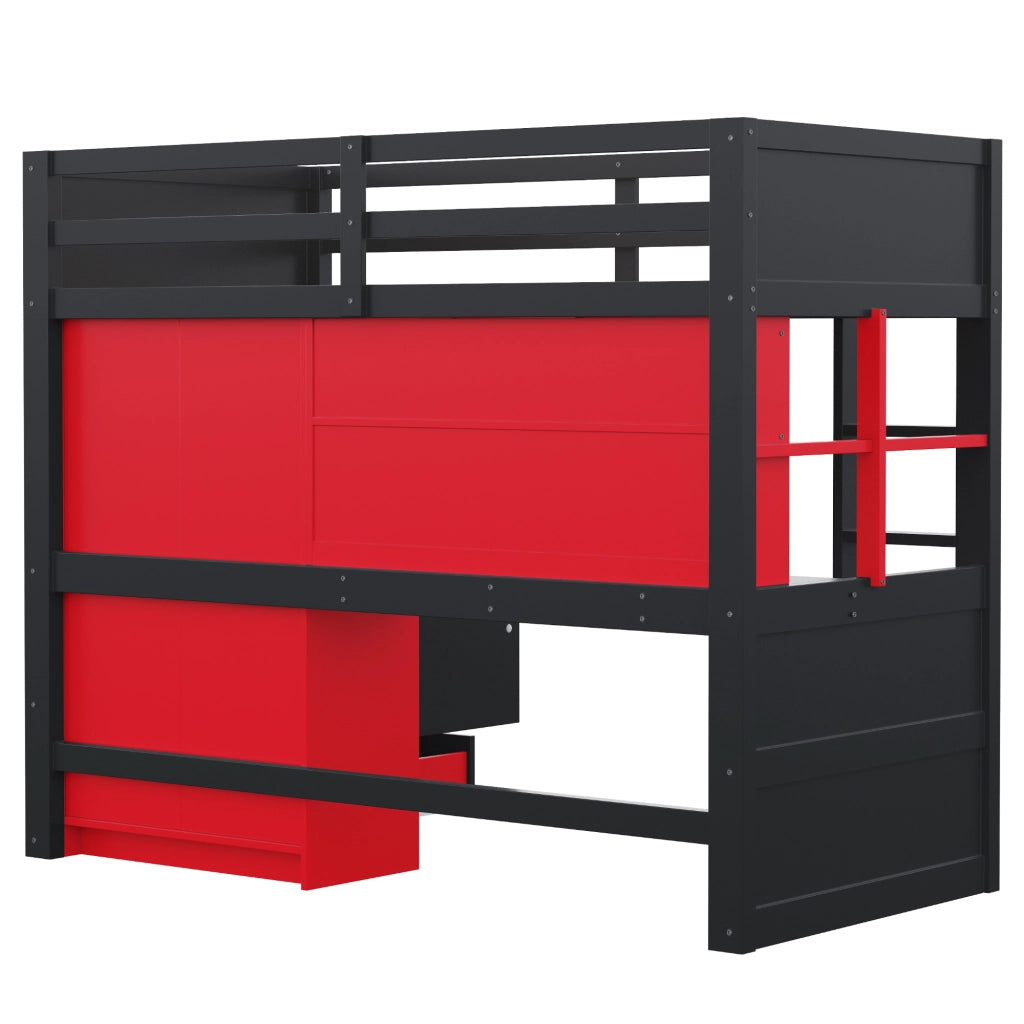 Letto a soppalco 90x200 cm gaming nero e rosso con scrivania; armadio e cassetti