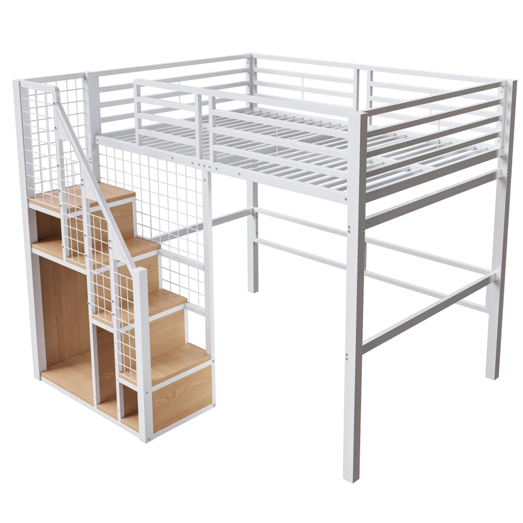 Letto a soppalco 140 × 200 cm con armadio integrato e scala in metallo e MDF