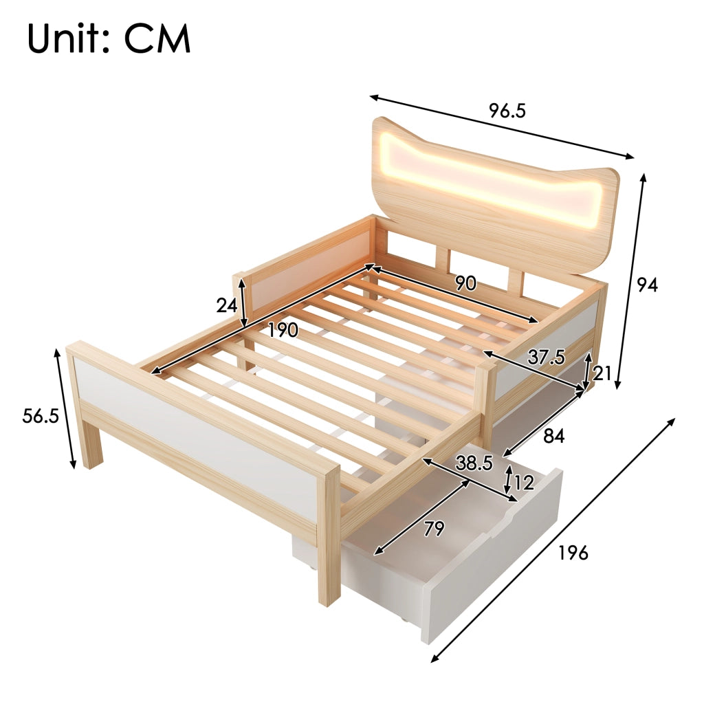Letto per bambini 90 × 190 cm con LED RGB; cassetto e vano a giorno; senza materasso; bianco e rovere