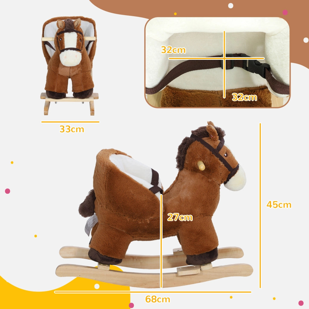 Cavallo a Dondolo per Bambini 18-36 Mesi con Suoni, Base in Legno e Cintura di Sicurezza, Marrone
