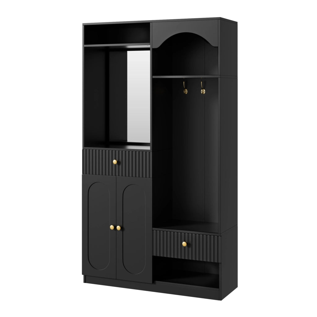Guardaroba da ingresso nero con specchio, panca e LED