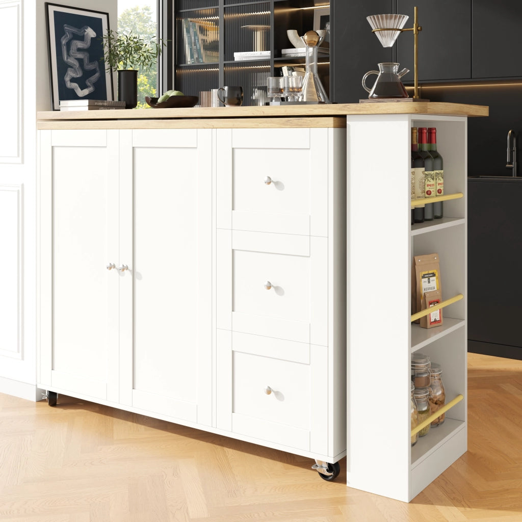 Isola cucina mobile bianca 140 x 40 x 93;5 cm con piano pieghevole in MDF effetto legno