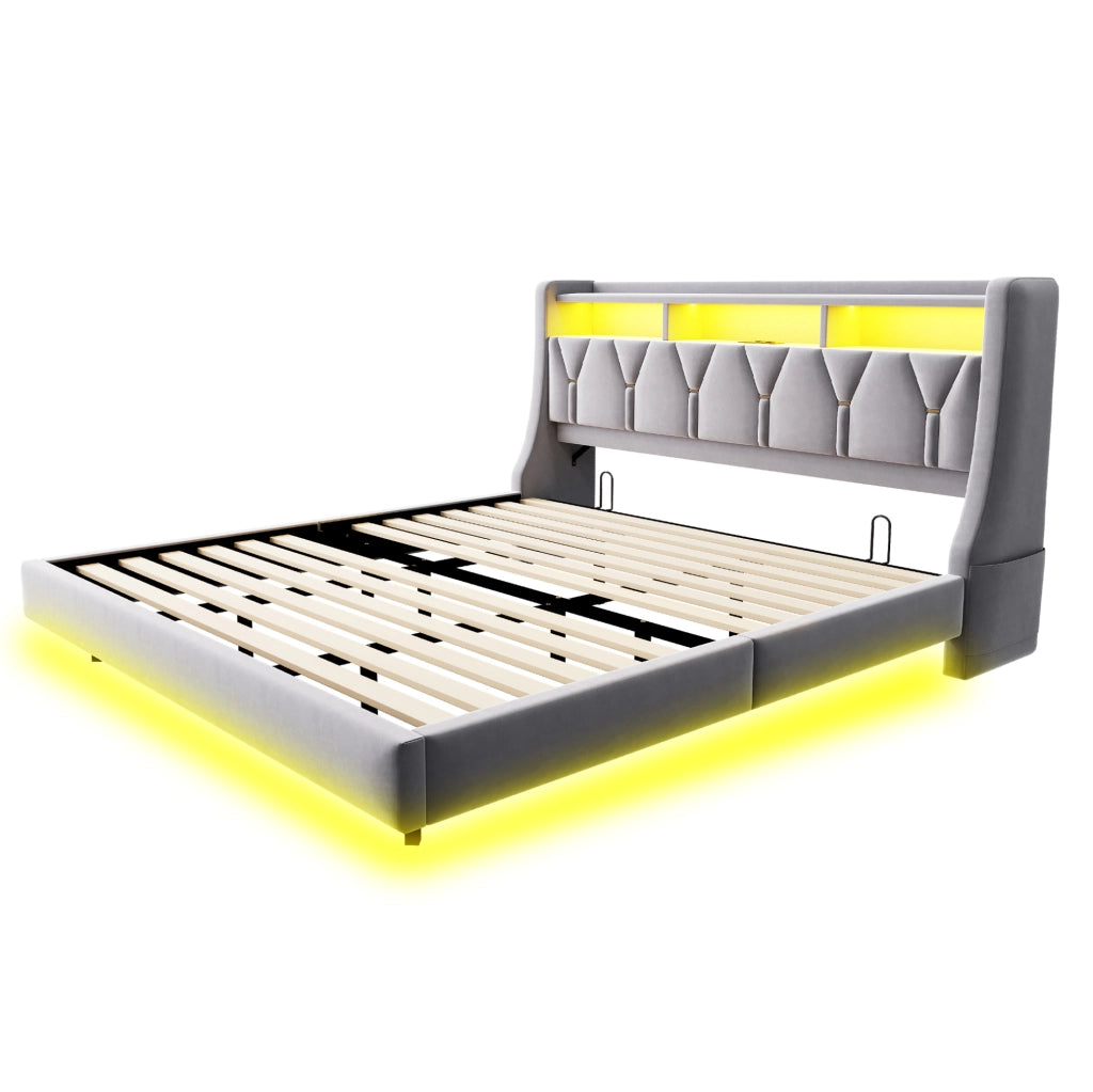 Letto imbottito 180x200 cm con testiera multifunzione, LED e prese integrate