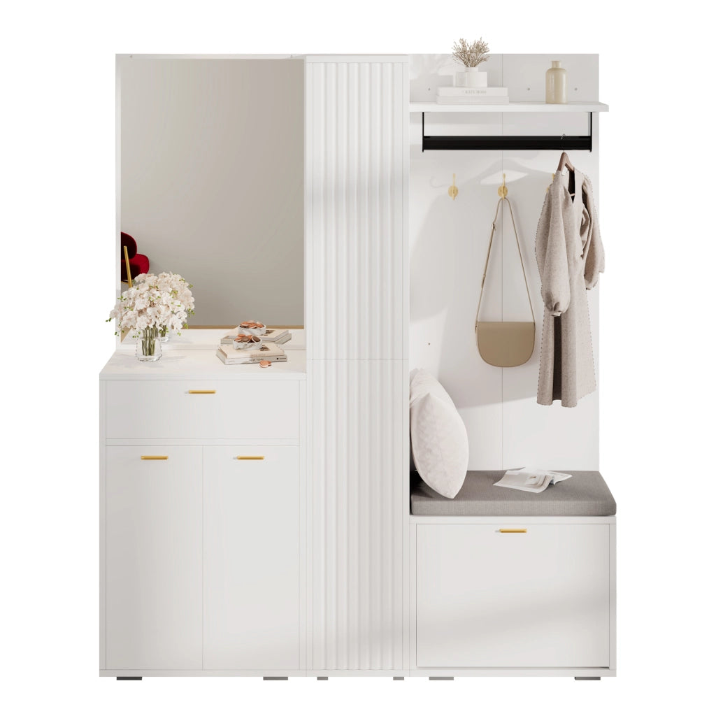 Mobile da ingresso con specchio e appendiabiti, 3 ante, scarpiera a ribalta, panca e cassetto, bianco, 150 × 36 × 180 cm