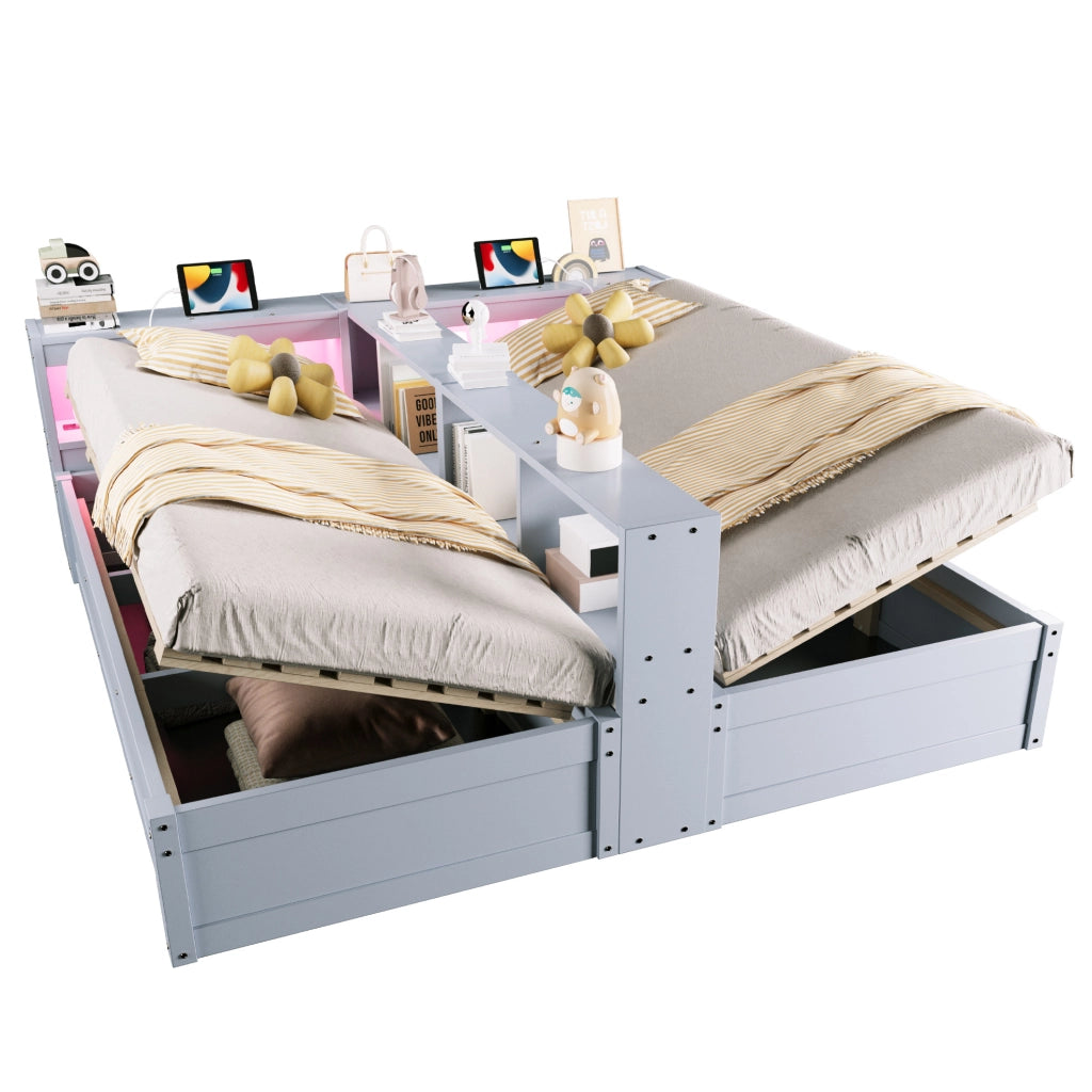 Divano Letto 90/180×200 cm in Legno con Spazi di Stoccaggio, LED e Presa Elettrica Integrata, Grigio