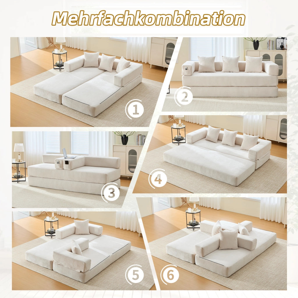 Divano modulare con tasche laterali e base antiscivolo in chenille beige