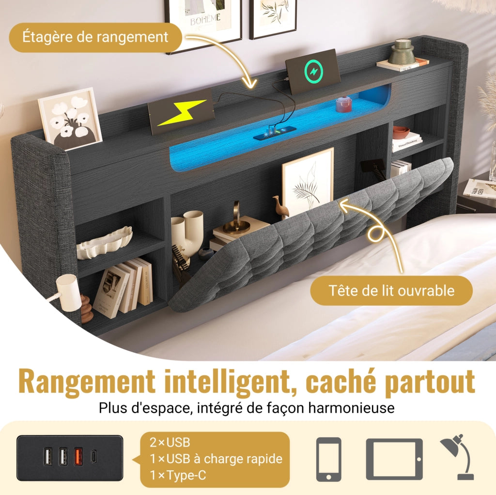 Letto imbottito grigio 140x200 cm con contenitore idraulico, illuminazione LED e porte di ricarica USB/Type-C, testiera con ripiani integrati