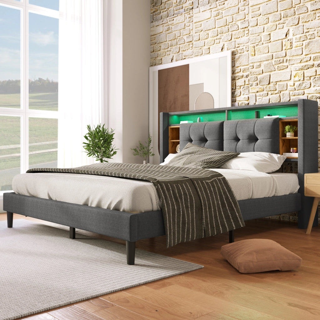 Letto imbottito con testiera contenitore; USB e LED; 160x200 cm; grigio