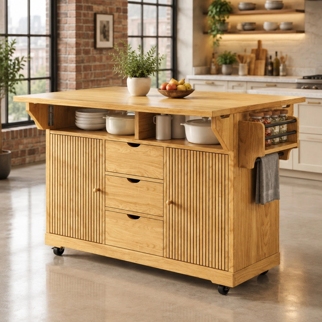 Carrello da cucina con piani ribaltabili 142,5x80x95 cm in MDF e metallo marrone