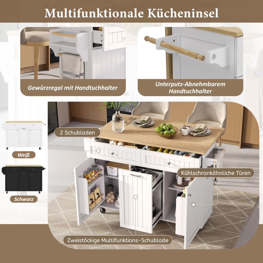 Mobile base da cucina con piano estraibile e pieghevole; cassetti multifunzione; bianco e naturale 140 × 40-70 × 92 cm