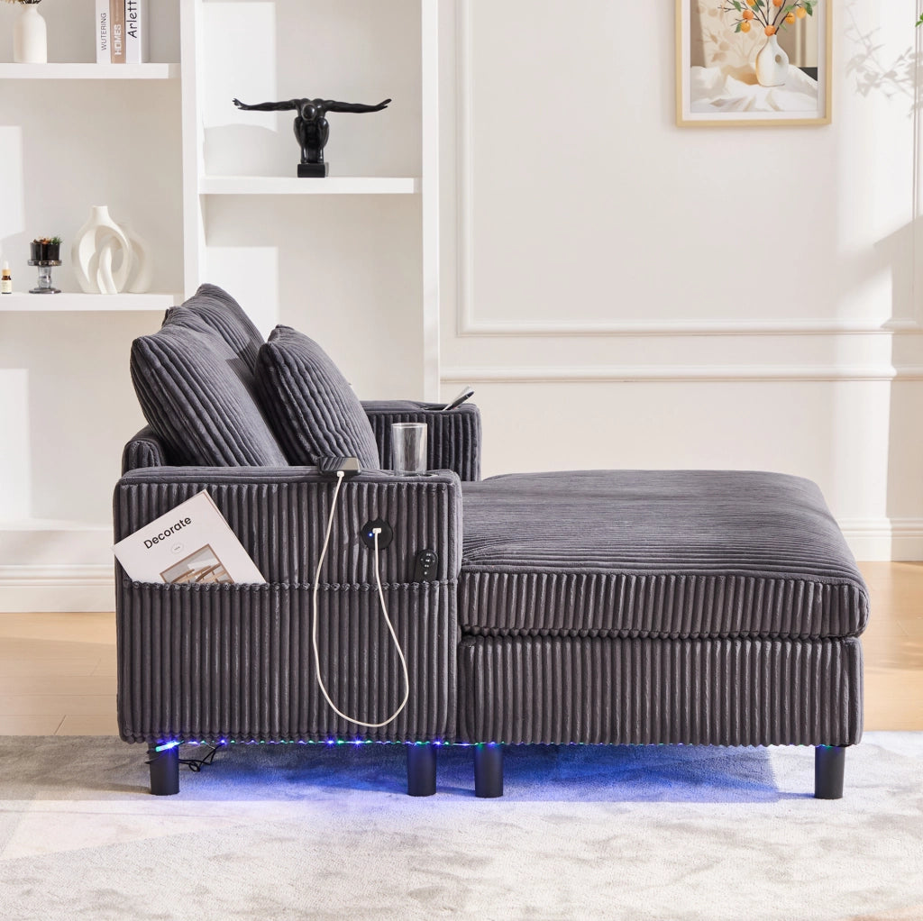 Poltrona Relax Oversize in Velluto con Luci LED, Porta USB e Portabevande, 142x128x85 cm, Carico 350 kg
