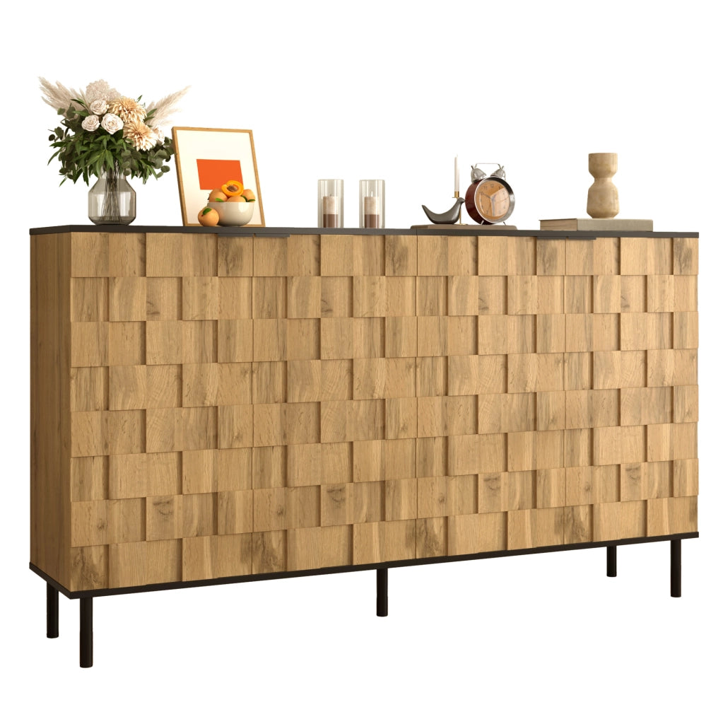 Credenza 160x35x80;5 cm a 2 ante con motivo mosaico in truciolare; naturale e nero