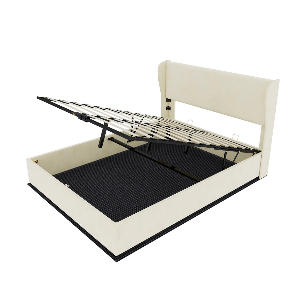 Letto Moderno Minimalista 140x200 cm Beige con Testiera Imbottita e Base Contenitore a Gas