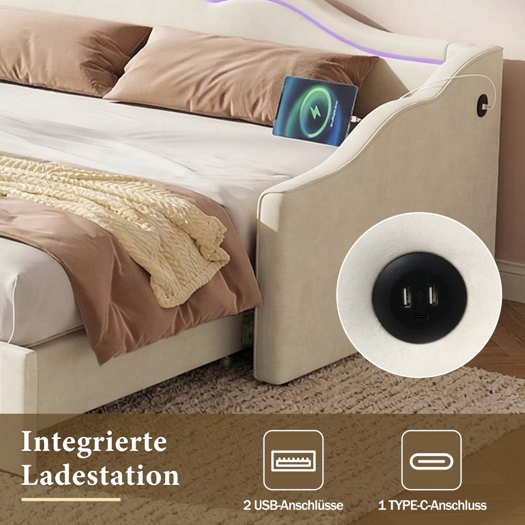 Letto estraibile imbottito 90 × 200 cm estensibile a 180 × 200 cm in velluto beige con LED USB e Type-C