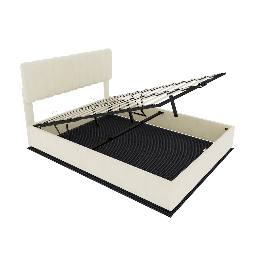 Letto imbottito minimalista beige 140x200 cm con testata morbida e contenitore