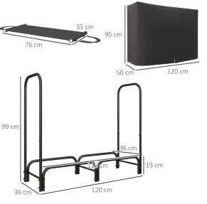 Scaffale per Legna da Camino 120x36x99 cm con Tela Oxford e Copertura Idroripellente, Struttura in Metallo Nero