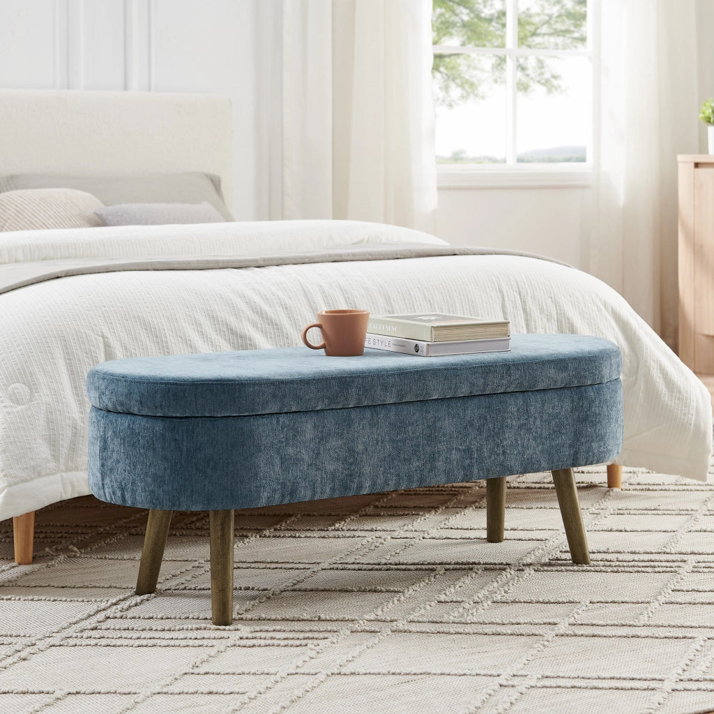 Panca contenitore in tessuto ciniglia blu con struttura in legno massello, 110x40x42 cm, 20L capacità, ideale per soggiorno e ingresso