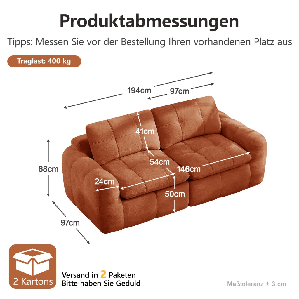 Divano modulare 2 posti con seduta profonda, braccioli ergonomici e moduli componibili in ciniglia arancione