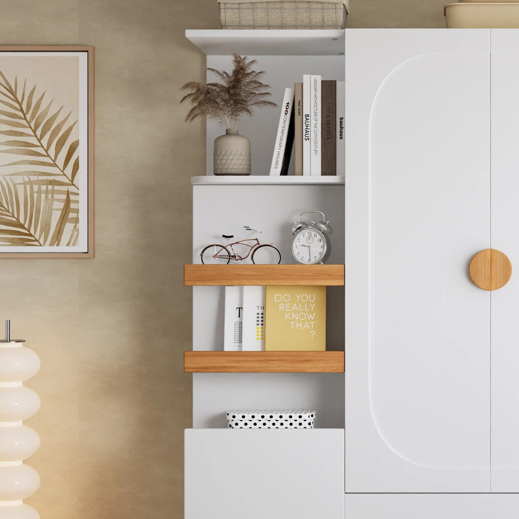Armadio con barra appendiabiti; 2 cassetti e ripiani aperti in MDF bianco e naturale per camera 125 × 50 × 180 cm