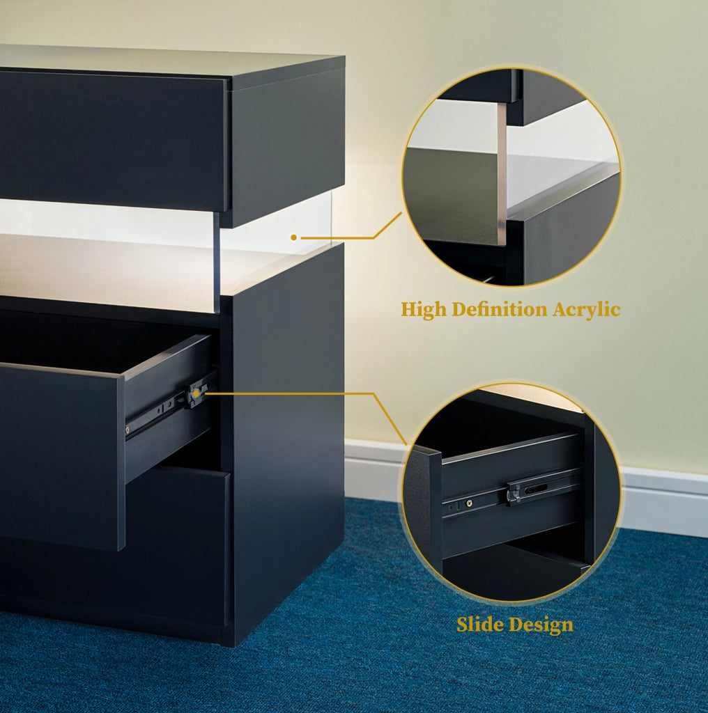 Comodino ULEVR nero con 3 cassetti, pannello acrilico e illuminazione LED RGB, mobile da letto in pannello a base di legno