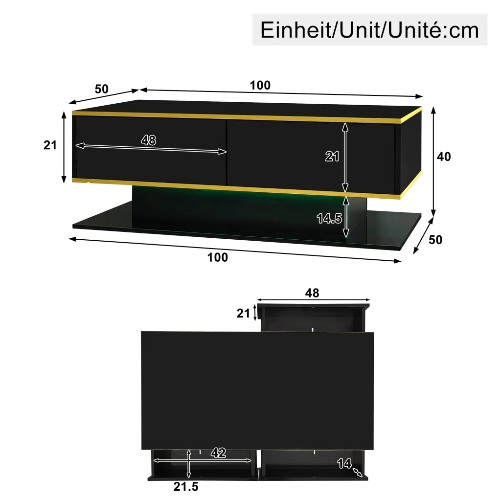 Tavolino da salotto LED con 3 cassetti e vano aperto, finitura lucida con decori dorati, nero, 100 × 50 × 40 cm
