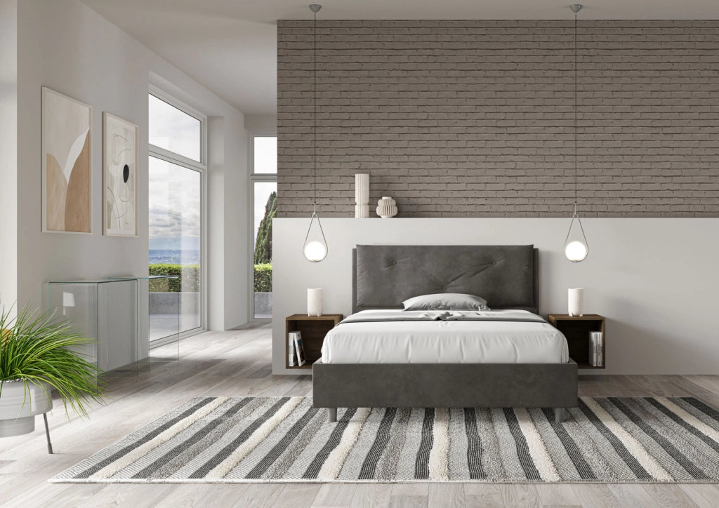 BS COM Letto matrimoniale francese contenitore imbottito 140x210 microfibra grigio Large