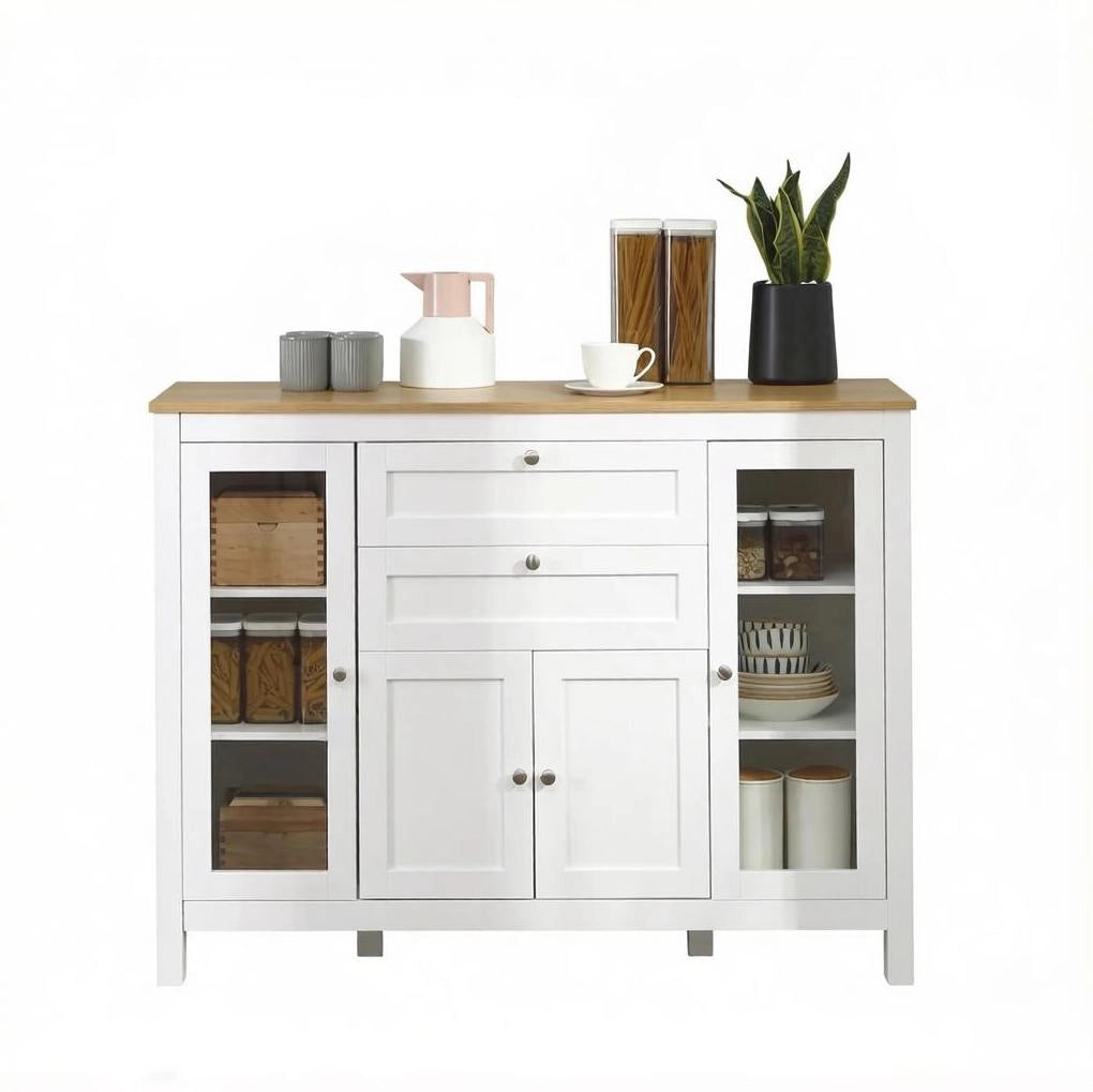 SIDEBOARD 120x40x90 cm in MDF Bianco e Legno Chiaro con 2 Cassetti