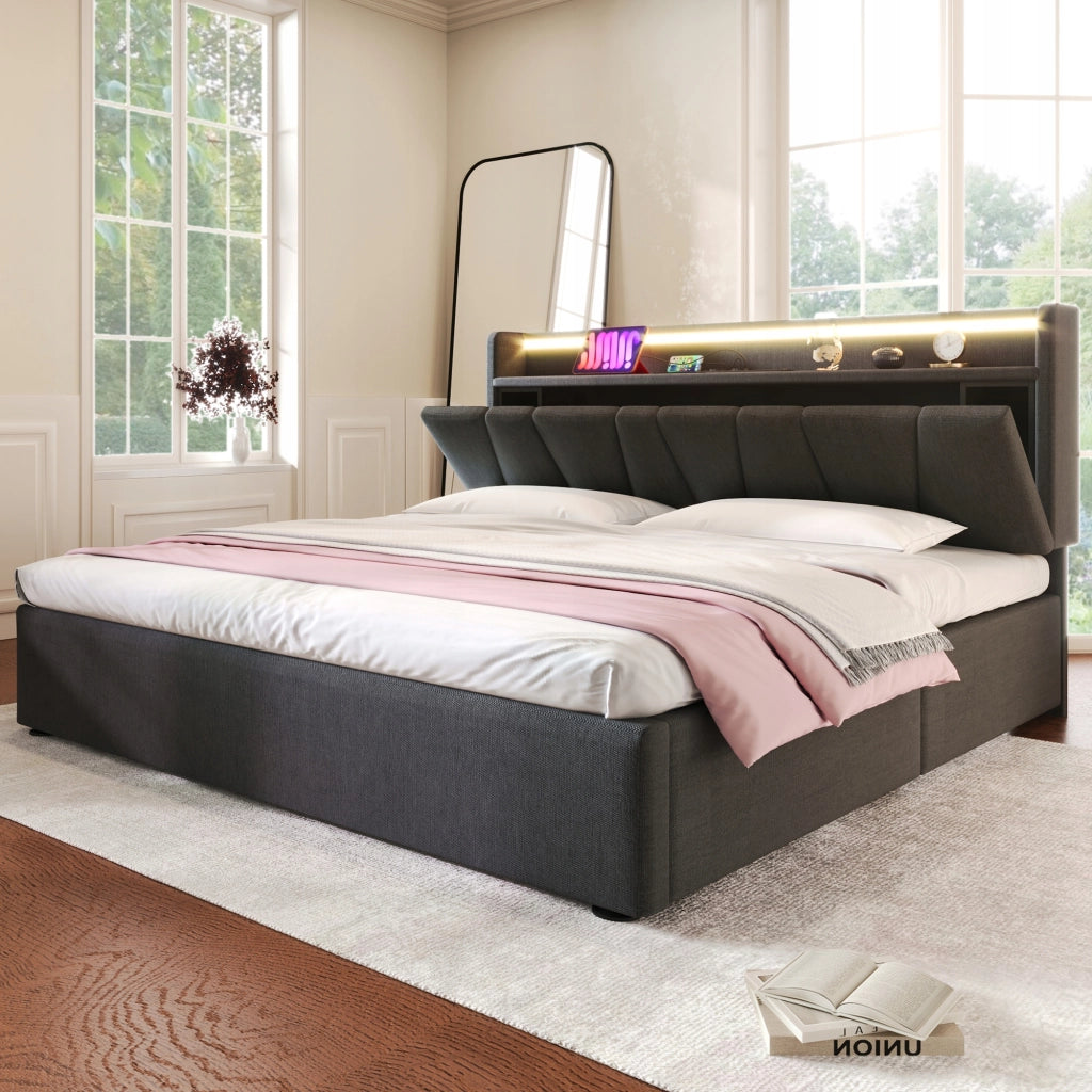 Letto imbottito con LED e USB - Xylo - 140x200 - Grigio