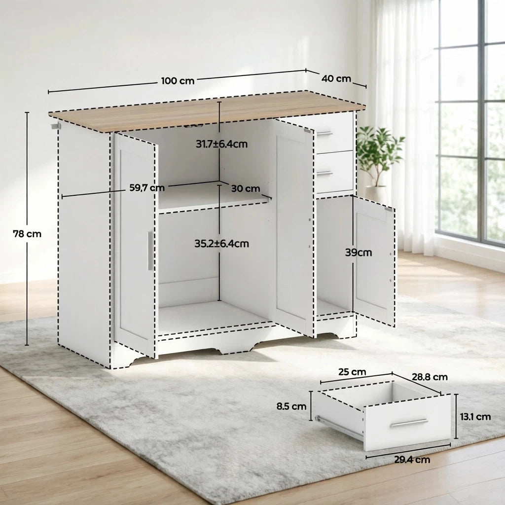 Madia con 2 cassetti e 2 ante con ripiano regolabile per soggiorno; cucina o ingresso; in MDF e truciolare; 100×40×78 cm