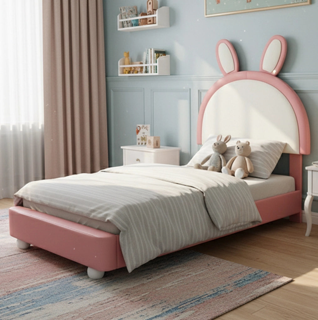 Letto singolo imbottito con testiera a coniglio e LED; 90 x 200 cm; rosa
