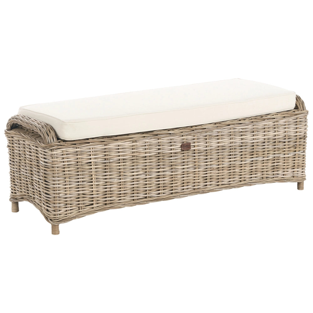 Panca da giardino 150 cm con poggiapiedi in rattan naturale bianco sporco Cuscini per esterni interni Giardino Patio Balcone