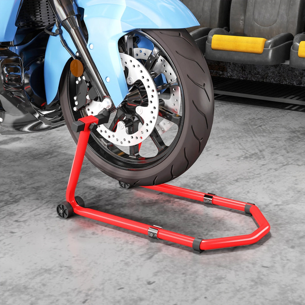 Cavalletto Moto Anteriore e Posteriore 390 kg, Forcelle a U e L, Supporto Alzamoto Regolabile e Robusto per Garage e Officina, Rosso