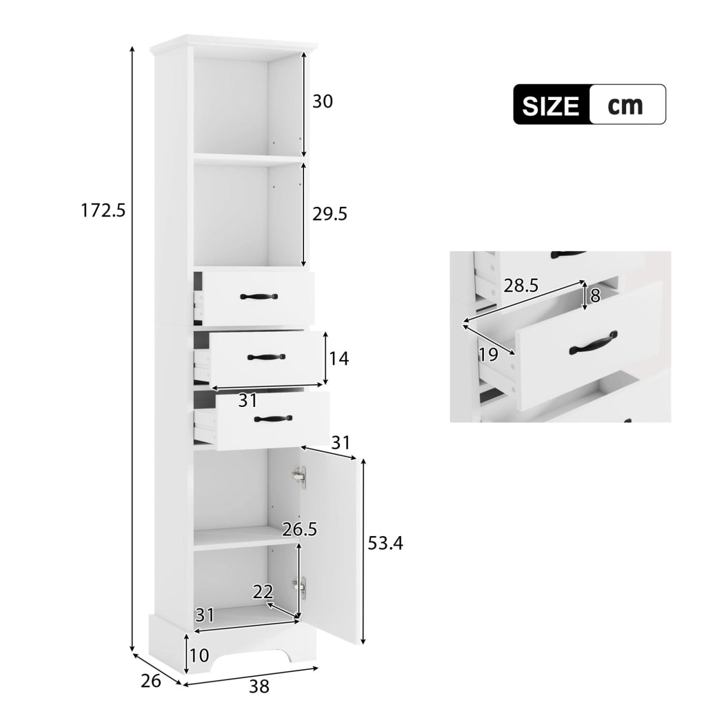Armadio bagno salvaspazio 38x26x172;5 cm in MDF laccato bianco con 3 cassetti