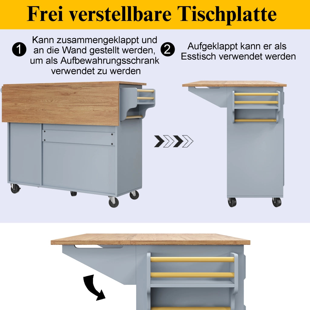 Isola da cucina con piano ribaltabile; ripiani regolabili in 3 altezze; cassetti e ripiano laterale in MDF blu