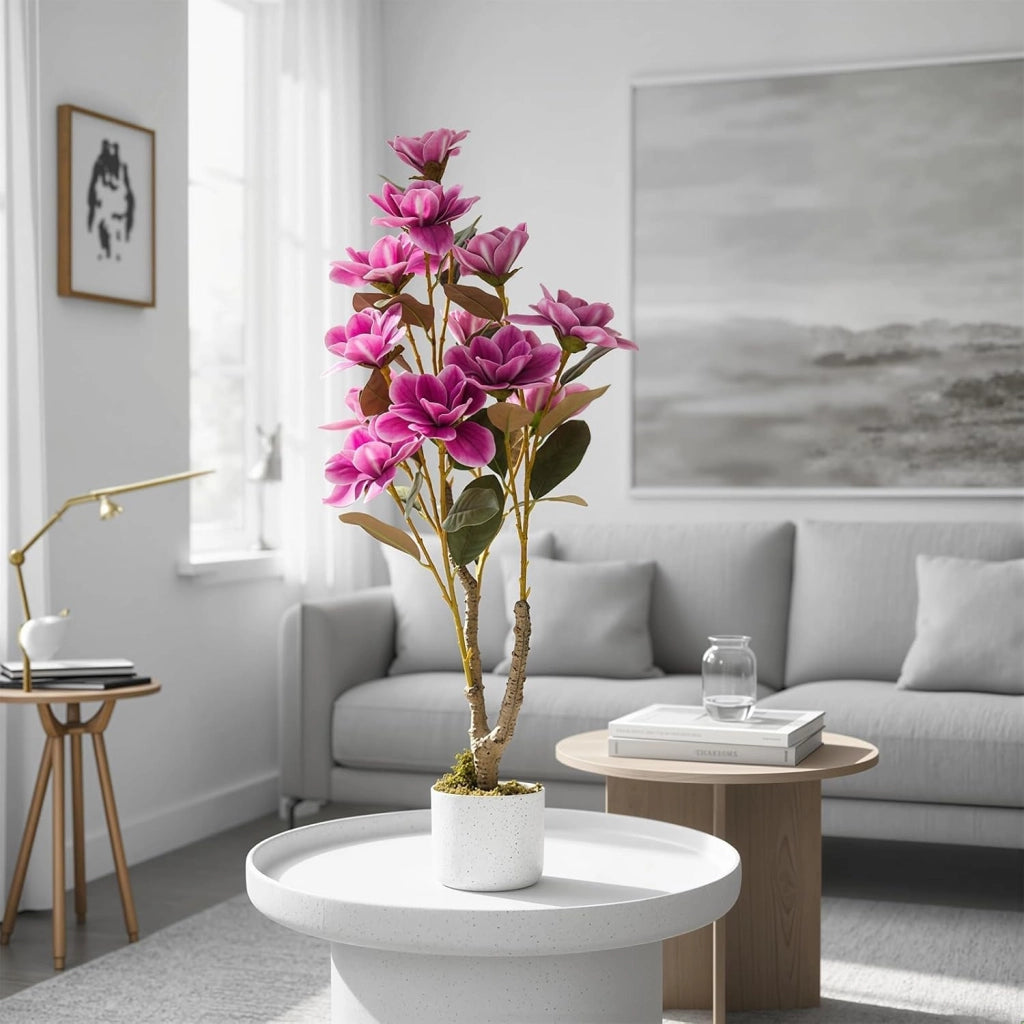 Albero di Magnolia Artificiale 95 cm con 14 Fiori e Vaso Bianco da Interno
