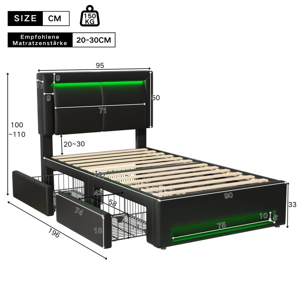 Letto singolo imbottito 90x190 cm con LED, USB e 4 cassetti