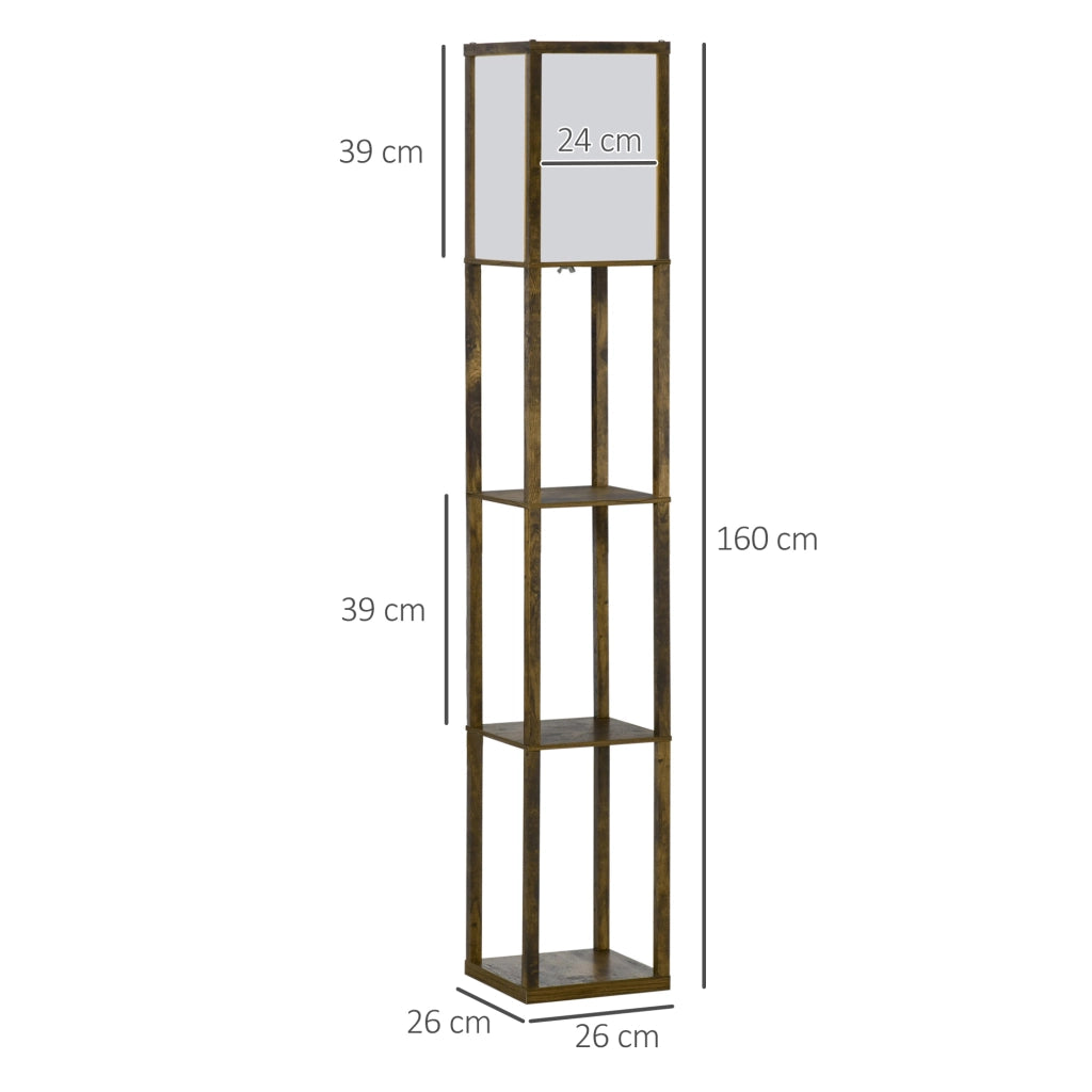 Lampada da terra con 3 mensole integrate, colore legno, attacco E27 potenza 40W, 26x26x160cm, design moderno per casa