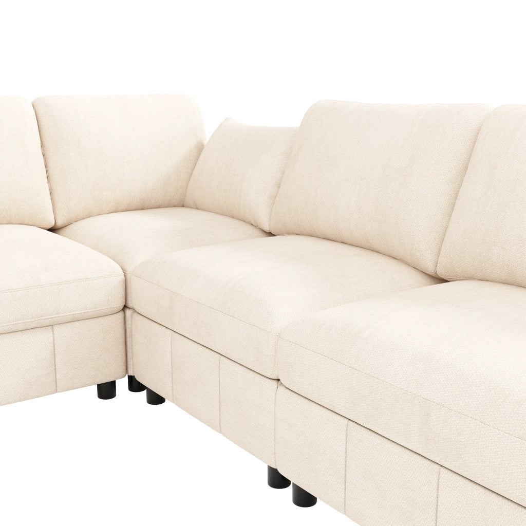 Divano ad angolo modulare 218 x 157 x 85 cm Sedili 6; forma a U/L; pouf mobile; cuscini 2; USB / Type-C 24 W; porta telefono; ciniglia; beige