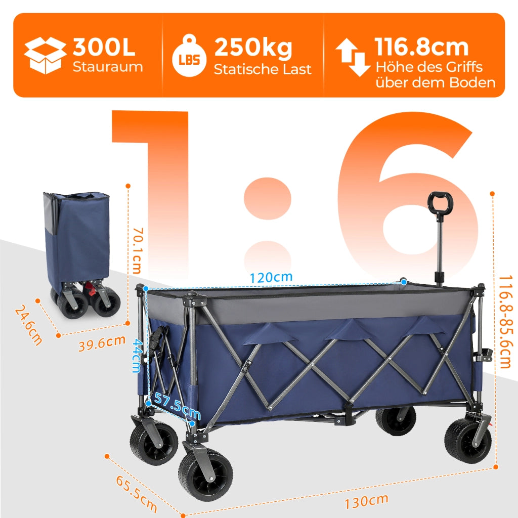 Carrello pieghevole capiente con telaio in acciaio capacità statica 250 kg ruote fuoristrada e freni blu grigio