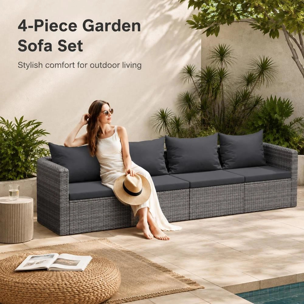 4-piece Garden Sofa Set With Cushions, Grey Poly Rattan