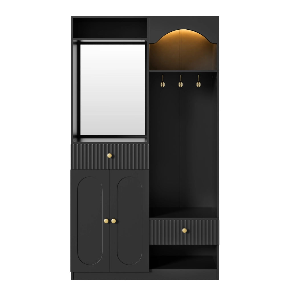 Garderoba compatta con specchio, panca, appendiabiti e luci LED regolabili, MDF nero 100x35x180 cm