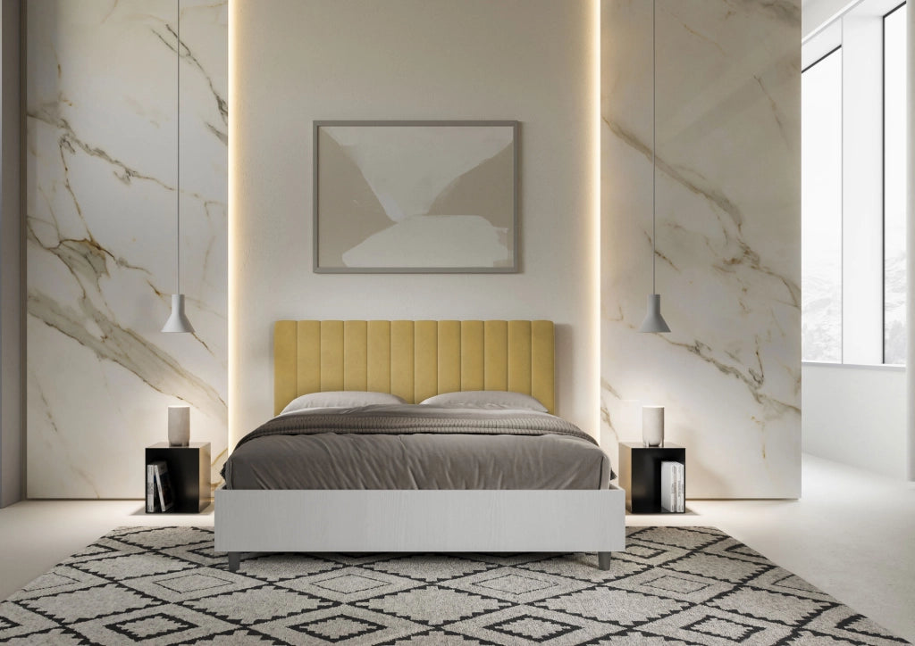 BS COM Letto matrimoniale contenitore 160x190 bianco frassino testata microfibra ocra
