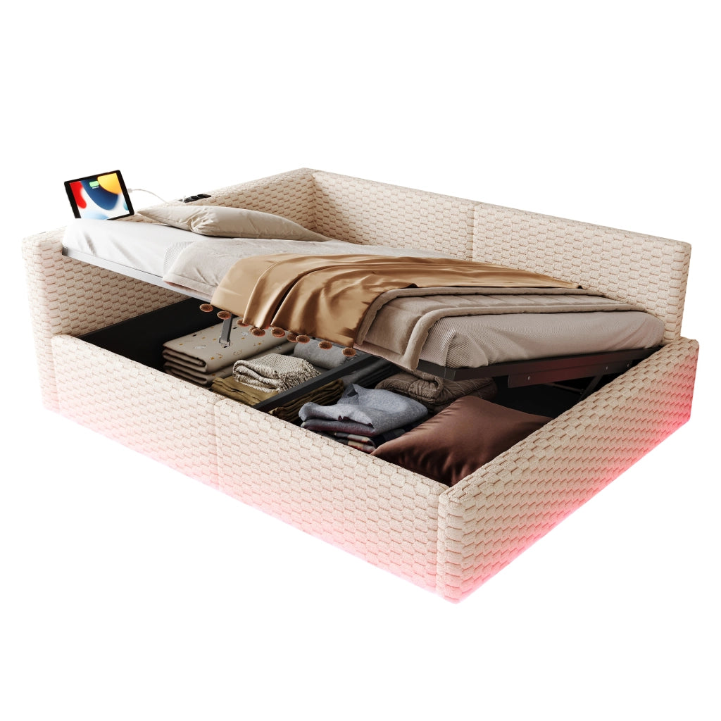 Letto imbottito 140x200 cm con vano contenitore; LED; USB e Type-C; velluto beige