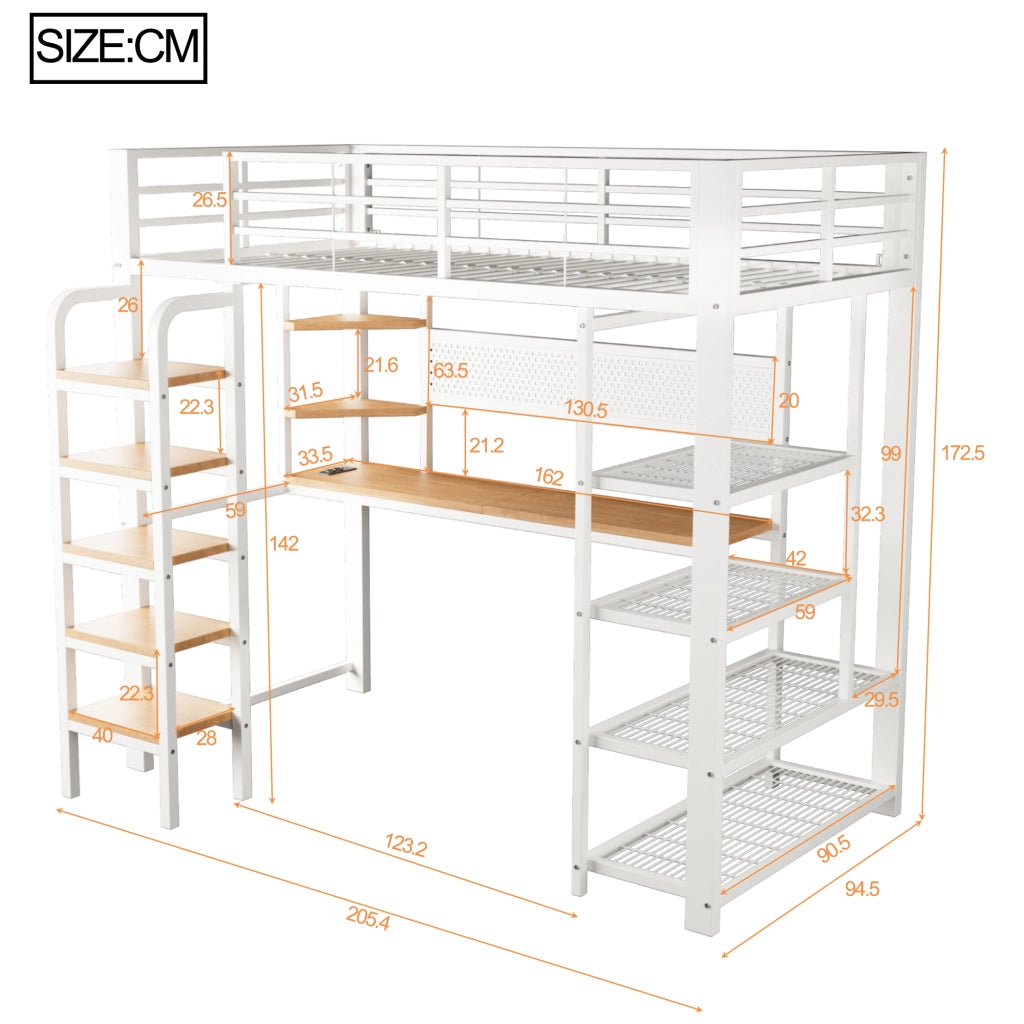 Letto a soppalco in metallo con pannello forato, scrivania, LED e scala, 90x200 cm, bianco
