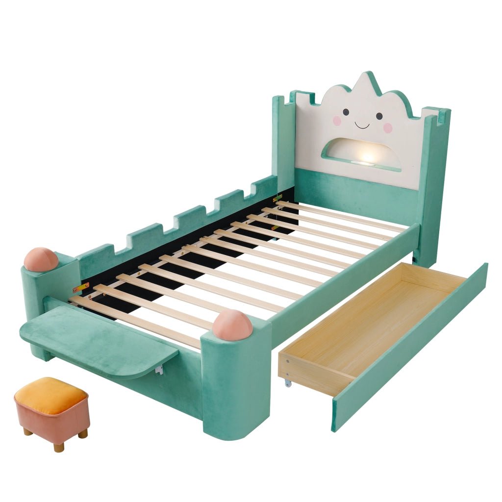 Letto per bambini 90 × 200 cm con lampada LED, USB, cassetto e mensola pieghevole, senza materasso, blu verde