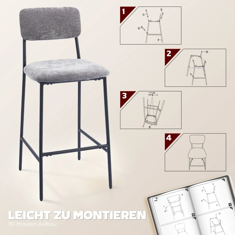 Set 2 sgabelli da bar 45,5 x 48 x 101 cm grigio in acciaio e tessuto