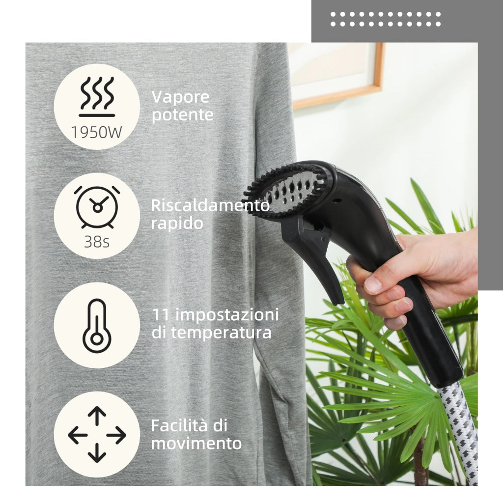 Stiratrice Verticale a Vapore 1.4L con Asta Estendibile in ABS e PP, Pratico Ferro Verticale con Ruote 26x21.5x29 cm Nero