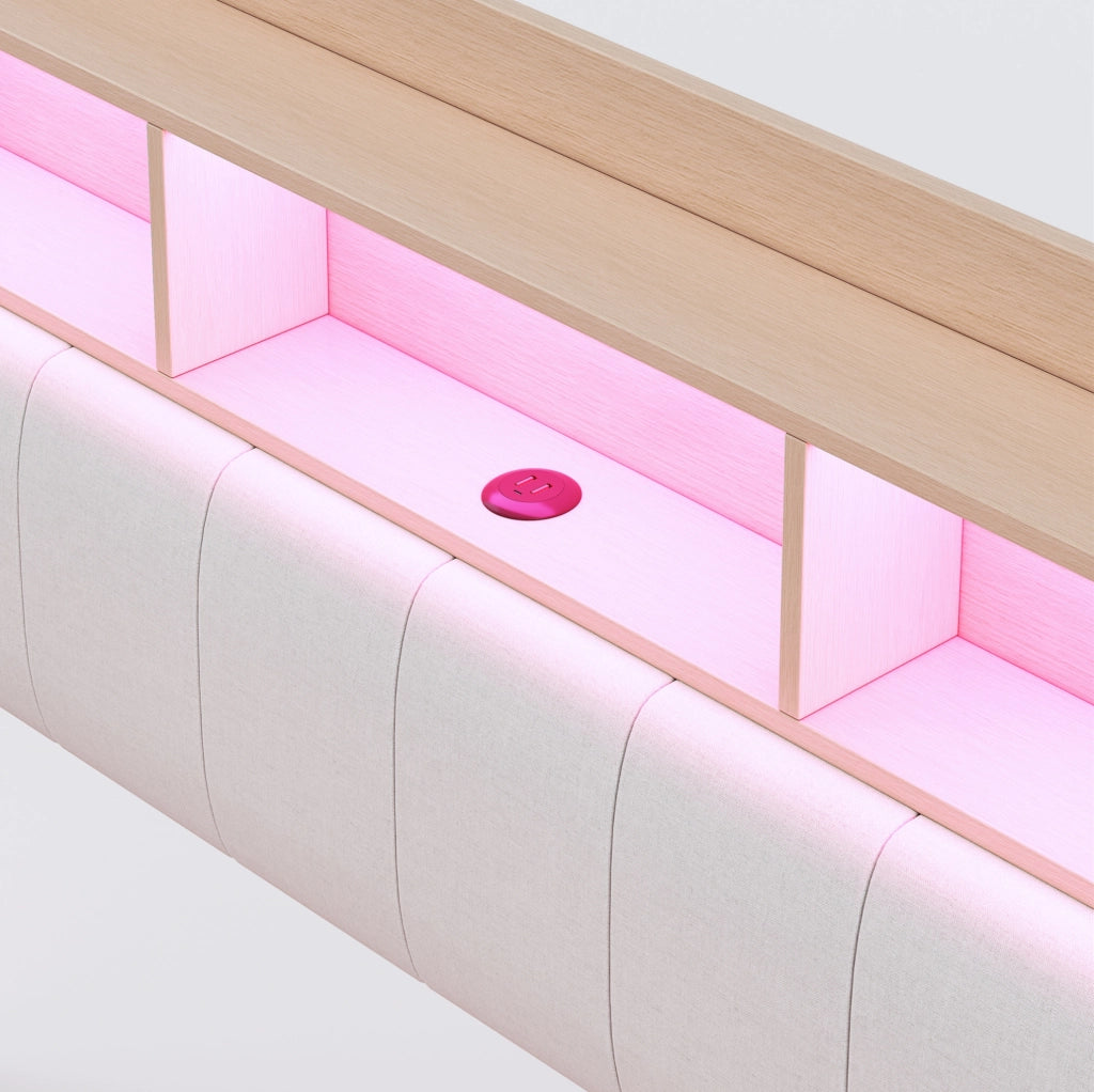 Letto imbottito sospeso 140x200 cm in lino beige con illuminazione LED e porte USB/Type-C, con spazio contenitore integrato