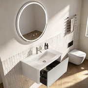 Set mobile bagno sospeso con lavabo integrato e specchio LED regolabile in vetro; MDF; compensato e solid surface bianco
