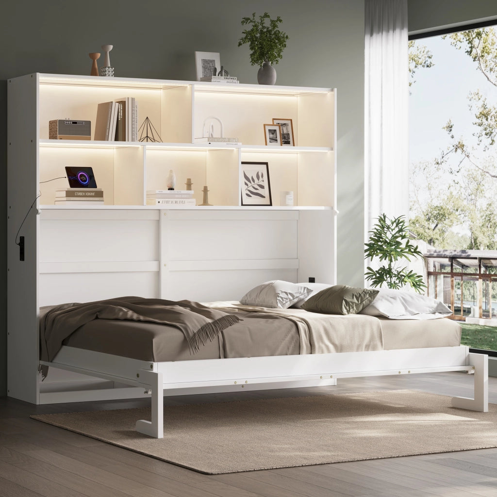 Letto a scomparsa 90x200 cm con LED; USB e vani portaoggetti; struttura in legno bianco salvaspazio; bianco